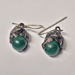 Silver 925 Frog Earrings with Green Melachite Stone